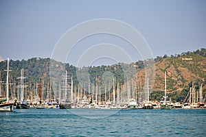 June 17, 2019 Fethiye, Turkey - Marine sailing ships parked in Fethiye Bay, Turkey