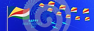 June 18 Seychelles Independence Day greeting card.  Celebration background with fireworks, flags, flagpole and text