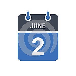 June 2 Calendar Date Icon, Event Date Icon, Calendar Date, Icon Design Vector Graphic