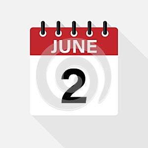 June 2 Calendar Icon. Calendar Icon with shadow. Flat style. Date, day and month. EPS