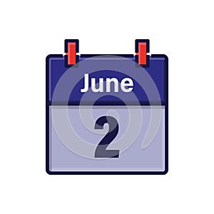 June 2, Calendar icon. Day, month. Meeting appointment time. Event schedule date. Flat vector illustration.