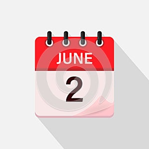June 2, Calendar icon with shadow. Day, month. Flat vector illustration.
