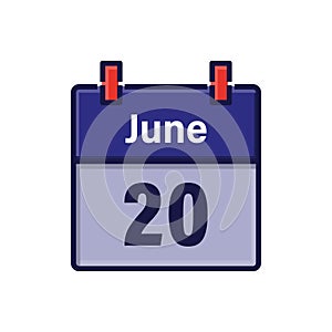 June 20, Calendar icon. Day, month. Meeting appointment time. Event schedule date. Flat vector illustration.