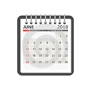 June 2018 calendar. Calendar notebook page template. Week starts