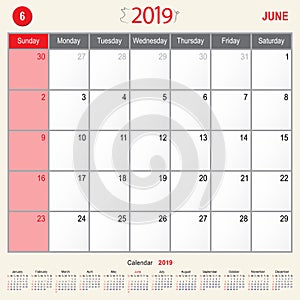 June 2019 Calendar Monthly Planner of Pig Design