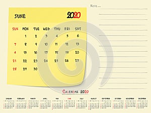 June 2020 Calendar Paper Note Design