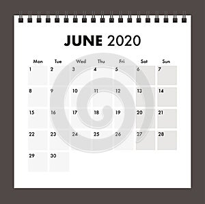 June 2020 calendar with wire band