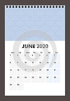 June 2020 calendar with wire band