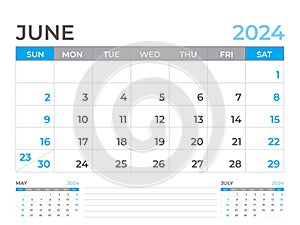 June 2024 page, Calendar 2024 template, Desk calendar 2024 year, planner design, Wall calendar, week starts on sunday, stationery