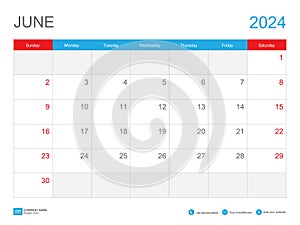 June 2024 template-Calendar 2024 design , Desk Calendar 2024 template, Planner simple, Week starts Sunday, Stationery, Wall