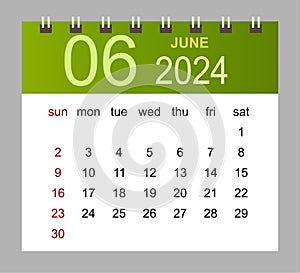 June 2024. Vector monthly calendar template 2024 year in simple style for template design