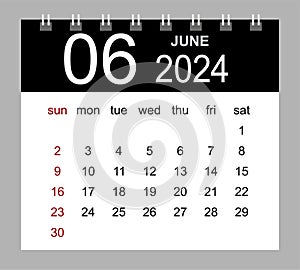 June 2024. Vector monthly calendar template 2024 year in simple style for template design