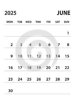 June 2025-Calendar 2025 template vector on white background, week start on monday, Desk calendar 2025 year, Wall calendar design,