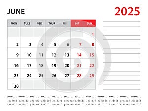 June 2025 year - Calendar 2025 template vector, week start on monday, Desk calendar 2025 year, Wall calendar design, corporate