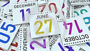 June 27 date on calendar leaf. 3D rendering