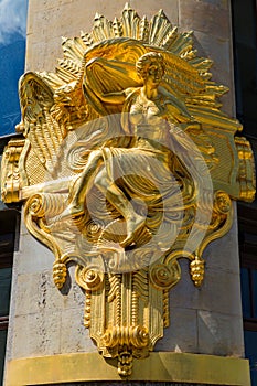June 4, 2021 Leipzig, Germany. Female sculpture on the facade  Commerzbank Bank building in Leipzig, Germany