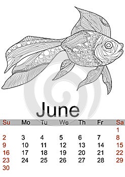 June calendar 2019. Antistress coloring gold fish, sea animal, patterns. Vector