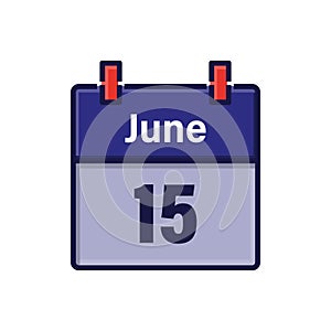 June 15, Calendar icon. Day, month. Meeting appointment time. Event schedule date. Flat vector illustration.