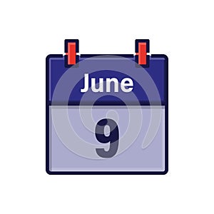 June 9, Calendar icon. Day, month. Meeting appointment time. Event schedule date. Flat vector illustration.