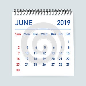 June 2019 Calendar Leaf. Calendar 2019 in flat style. A5 size. Vector illustration.