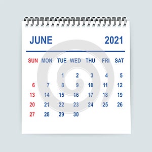 June 2021 Calendar Leaf. Calendar 2021 in flat style. Vector illustration.