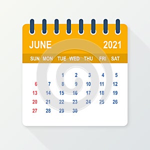 June 2021 Calendar Leaf. Calendar 2021 in flat style. Vector illustration.