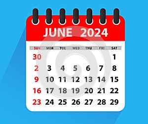 June 2024 Calendar Leaf. Calendar 2024 in flat style. June 2024 Calendar. Week starts on Sunday. photo