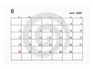 A June 2023 Calendar page isolated on white background, Saved clipping path photo
