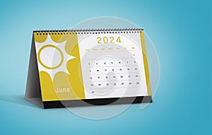 June 2024 Calendar with Sun Icon Isolated on blue background with space for copy photo