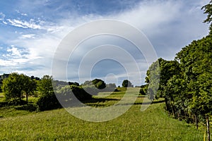 June countryside scenic view of fields and forest with cloudy skies