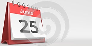 June 25 date written in Spanish on the flip calendar, 3d rendering photo