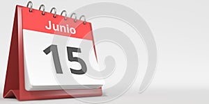 June 15 date written in Spanish on the flip calendar, 3d rendering photo