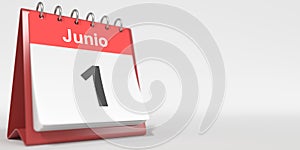 June 1 date written in Spanish on the flip calendar, 3d rendering photo