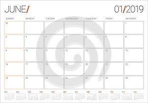 June 2019 desk calendar vector illustration