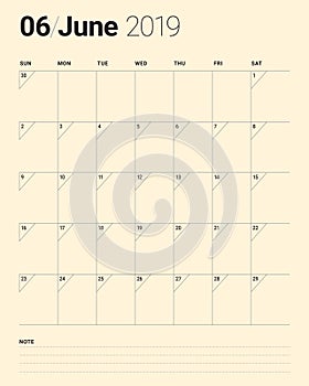 June 2019 desk calendar vector illustration