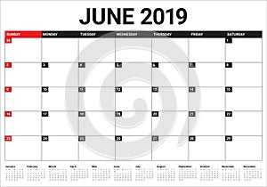 June 2019 desk calendar vector illustration