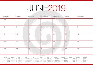 June 2019 desk calendar vector illustration