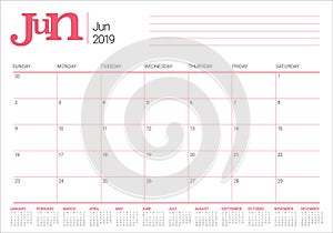 June 2019 desk calendar vector illustration