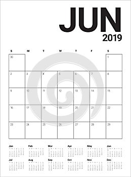 June 2019 desk calendar vector illustration