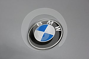 Kiev, Ukraine. June 10, 2017. Logo BMW. Gray car