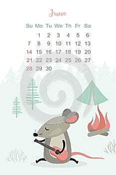 June month 2020 template design. Calendar 2020 with funny and cute rat