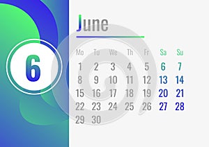 June month calendar 2020 concept banner, cartoon style photo