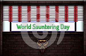 June month special day. World Sauntering Day, Neon Text Effect on Bricks Background