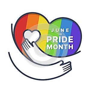 June is pride month - Text on rainbow heart pride sign with line hands hold hug vector design