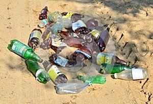 JUNE 19, 2020 Russia, Moscow: People throw away plastic bottles and food waste, leave trash on the street. Concept of