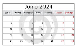 June 2024 SPANISH calendar - Junio. Vector illustration. Monthly planning for business in Spain photo