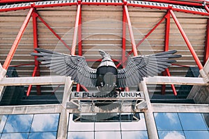 June 25th, 2018, Lisbon, Portugal - Eagle and E Pluribus Unum motto statue at Estadio da Luz, the stadium for Sport Lisboa e Benfi