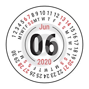 June 2020. Vector English ÃÂalendar. Round calender. Week starts on Sunday. Design template. Circle. Sixth month