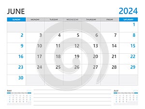 June 2024 year, Calendar planner 2024 and Set of 12 Months, week start on Sunday. Desk calendar 2024 design, simple and clean photo