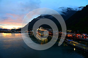 Juneau Alaska Cruise Ship Dock at sunset